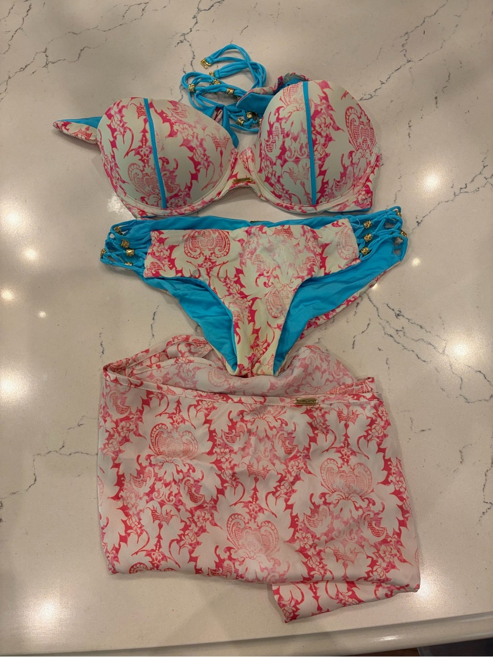 Blue & Pink Printed Push-Up Bikini Set with Cover-Up